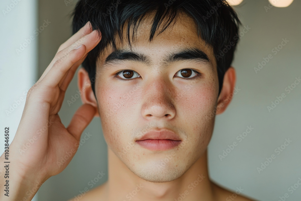 A Japanese young adult man with fresh, dewy skin, lightly brushing his fingers along his temple, emphasizing daily facial care in a contemporary, well-lit studio setup