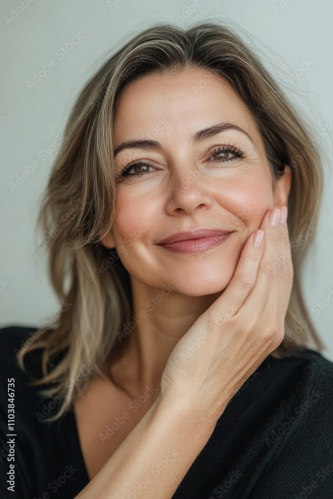 A middle-aged Brazilian woman with a glowing complexion smiling gently as she touches her face, captured in a bright, modern setting with simple decor A middle-aged Brazilian woman with a glowing complexion smiling gently as she touches her face, captured in a bright, modern setting with simple decor