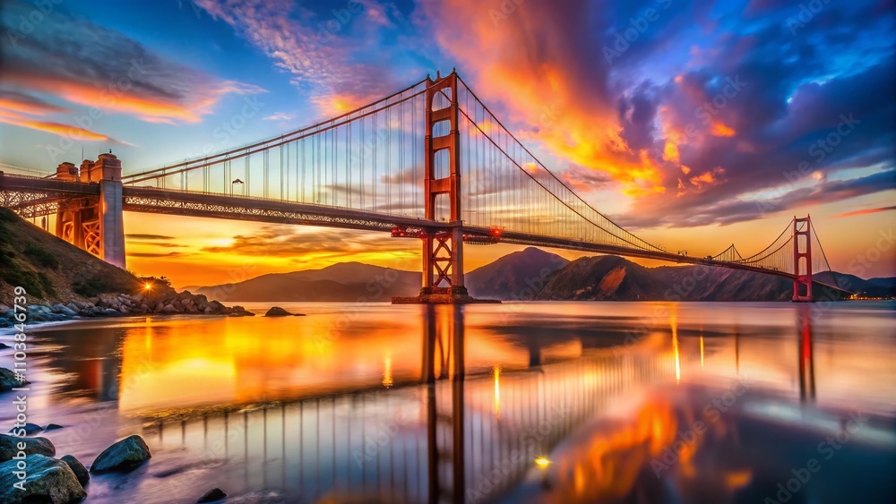 Fototapeta premium Stunning Low Light Photography of the Iconic Golden Gate Bridge at Dusk in San Francisco, California, Showcasing its Beautiful Silhouette Against a Vibrant Sunset Sky
