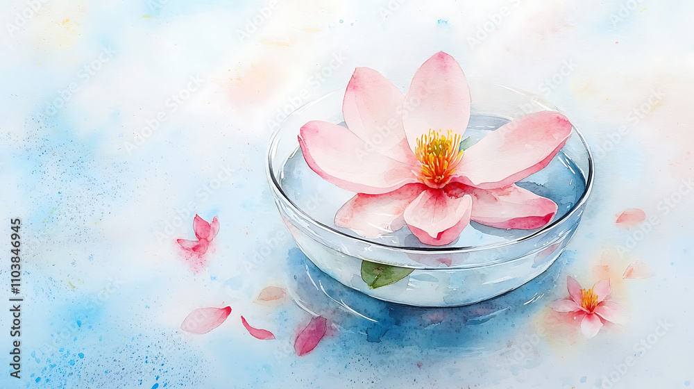 serene watercolor illustration of magnolia flower floating in bowl of water, surrounded by soft pastel colors and delicate petals, evoking tranquility and beauty serene watercolor illustration of magnolia flower floating in bowl of water, surrounded by soft pastel colors and delicate petals, evoking tranquility and beauty