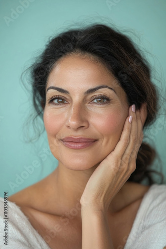 A Hispanic middle-aged woman with velvety skin, thoughtfully touching her cheekbone with a serene smile, framed by a soft pastel background and a natural light glow