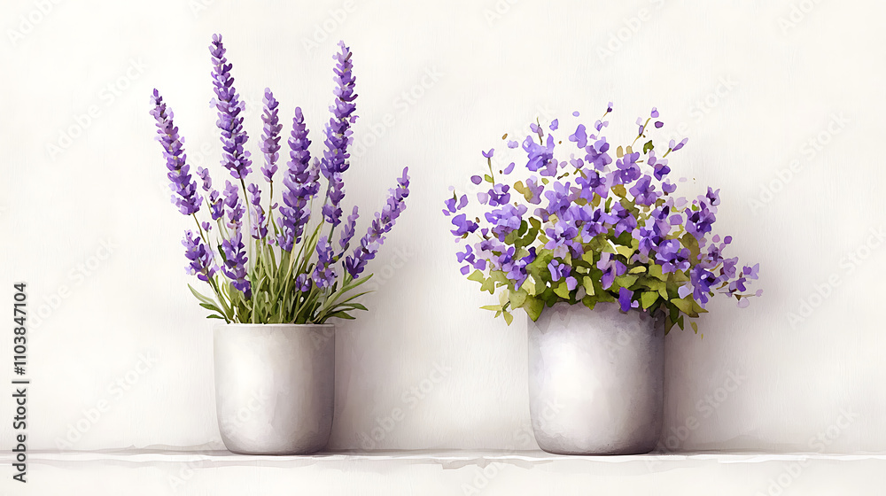 Watercolor illustration of potted lavender and purple flowers, showcasing vibrant colors and delicate details. Perfect for home decor or botanical art Watercolor illustration of potted lavender and purple flowers, showcasing vibrant colors and delicate details. Perfect for home decor or botanical art