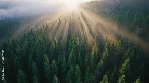 Sunrise rays through a dense forest canopy.