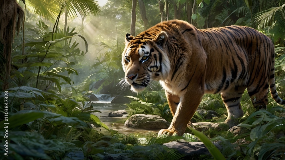 Majestic tiger walking through lush jungle, sunlight streaming through leaves. Majestic tiger walking through lush jungle, sunlight streaming through leaves.