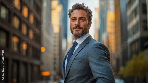 A confident businessman standing amidst a bustling city skyline, symbolizing corporate success and urban professionalism