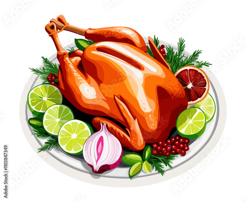 A plate of food with a roasted turkey and a variety of vegetables including onions, celery, and oranges. Vector illustration isolated on transparent background