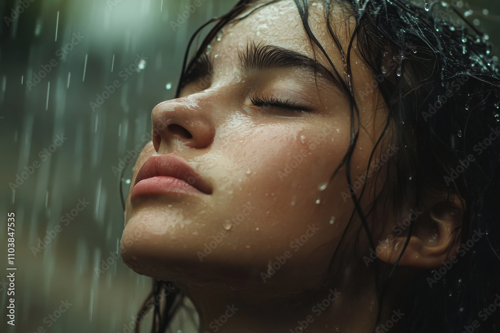 A beautiful close-up portrait of a young woman, drenched by the rain, her eyes closed as she looks up. Her expression is filled with intense emotion A beautiful close-up portrait of a young woman, drenched by the rain, her eyes closed as she looks up. Her expression is filled with intense emotion