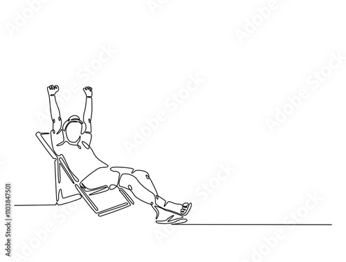 Continuous line drawing art of man lying on beach chair lounger. Man sitting in sunbed draw with single line draw with active stroke.