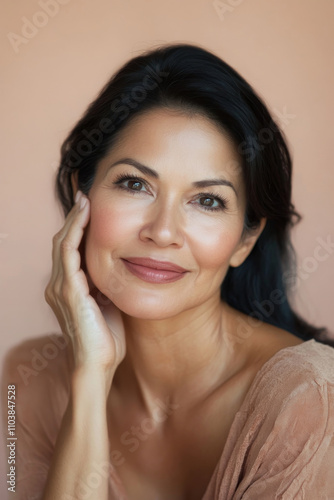 A Hispanic middle-aged woman with velvety skin, thoughtfully touching her cheekbone with a serene smile, framed by a soft pastel background and a natural light glow