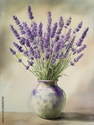 Lavender Bouquet in a Ceramic Vase - Serene watercolor painting of lavender flowers in a rustic vase, symbolizing calmness, purity, tranquility, remembrance, and fragrance.