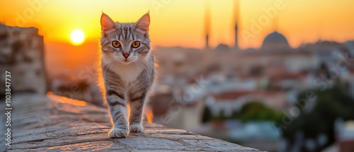 Silver tabby cat pacing rooftop at dawn istanbul animal photography urban landscape aesthetic mood