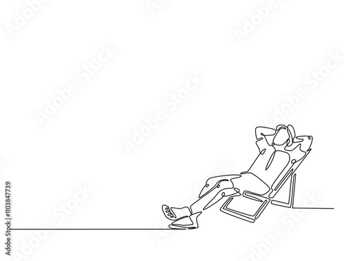 Continuous line drawing art of man lying on beach chair lounger. Man sitting in sunbed draw with single line draw with active stroke.