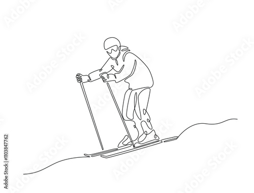 Continuous line drawing art of ski winter sports. Ski sport in single line draw with active stroke.