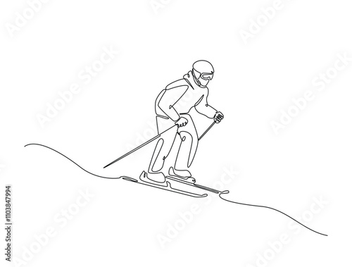 Continuous line drawing art of ski winter sports. Ski sport in single line draw with active stroke.