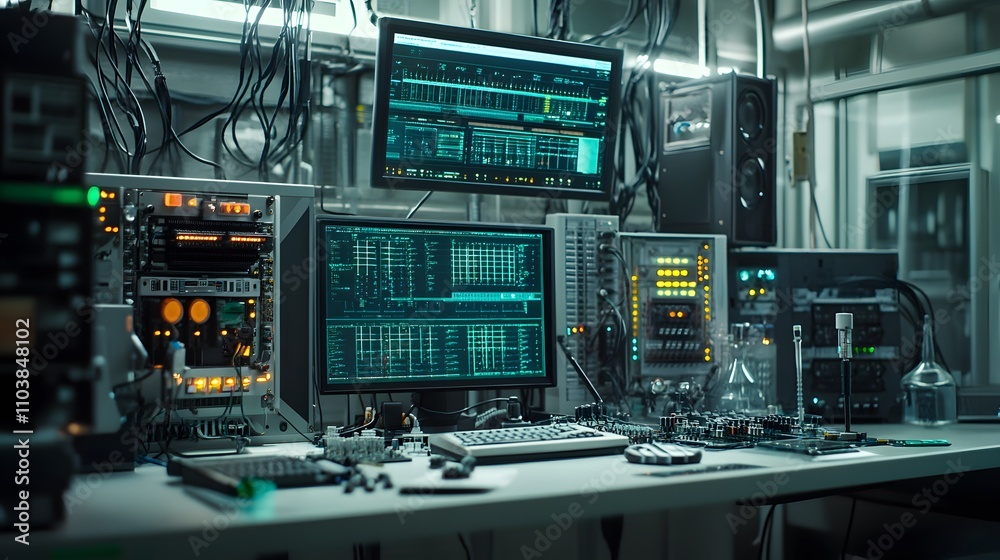 Fototapeta premium High-tech laboratory setup with fiber optic cables transmitting signals, surrounded by digital interfaces and advanced transmission equipment