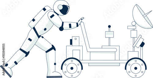 A man in a spacesuit is pulling a cart