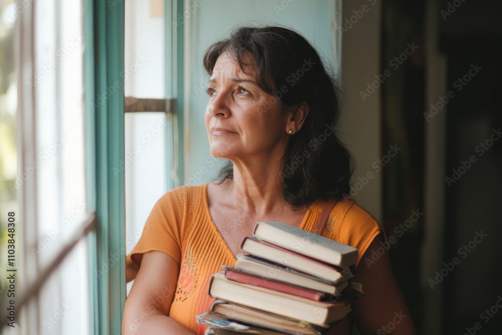 A middle-aged Brazilian teacher woman standing by the classroom window, gazing out with a distant, sad look, holding a stack of books close to her chest A middle-aged Brazilian teacher woman standing by the classroom window, gazing out with a distant, sad look, holding a stack of books close to her chest