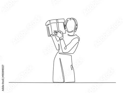 Continuous line drawing art of women holding present box or gift box. Birthday, thanks giving, xmass concept in single line draw with active stroke.