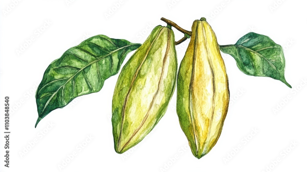 Fototapeta premium Watercolor painting of cacao pods on a branch with vibrant green leaves.