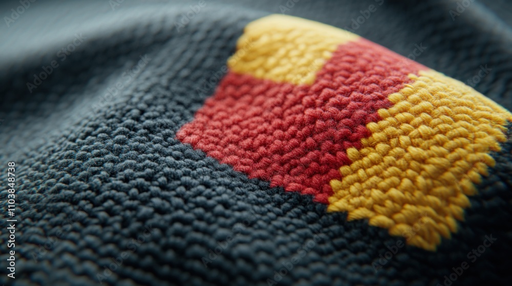 Fototapeta premium A close-up of textured fabric featuring a colorful geometric pattern in red and yellow.