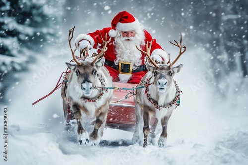 a santa claus with a beard and red costume rides on a sleigh in the snow with reindeer photo