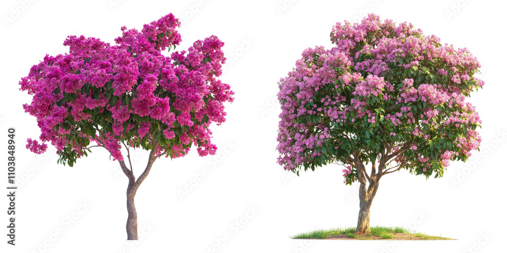 Fototapeta premium Tree with pink flowers isolated on transparent background, Set of