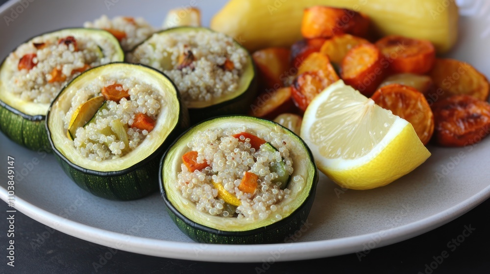 A plate of stuffed zucchini with quinoa, roasted carrots, and lemon slices. A plate of stuffed zucchini with quinoa, roasted carrots, and lemon slices.