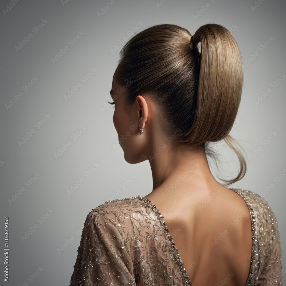 An elegant woman viewed from behind, exuding grace and sophistication in a stylish outfit, standing confidently in a serene setting An elegant woman viewed from behind, exuding grace and sophistication in a stylish outfit, standing confidently in a serene setting