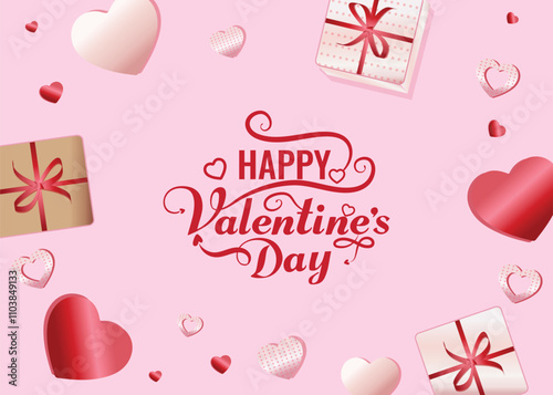 Happy valentines day vector pink background. Happy valentine's day greeting text lettering with hearts and gifts elements in pink space background template. Vector illustration