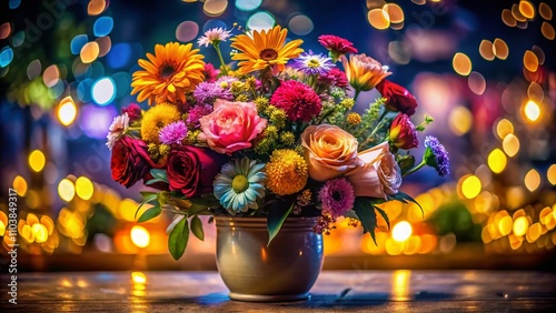 Stunning Night Photography of a Beautiful Floral Arrangement with Vibrant Flowers Against a Soft Background for Design and Decoration Inspiration