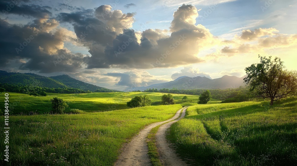 Obraz premium Serene Countryside Pathway Beneath Dramatic Sky and Rolling Hills