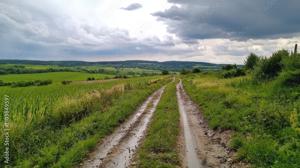 Obraz premium Scenic Muddy Path Through Green Fields Under Dramatic Sky