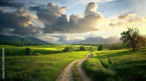 Serene Countryside Pathway Beneath Dramatic Sky and Rolling Hills