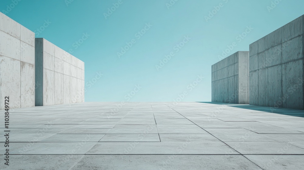 Fototapeta premium A Minimalist Concrete Architectural Perspective. Modern Building Design with Geometric Elements. Empty Concrete Space under a Clear Sky