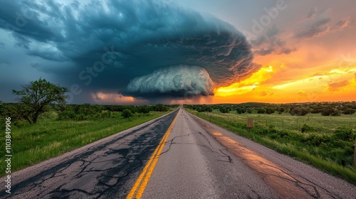 Dramatic Sunset Over Storm Clouds Above Open Road Landscape