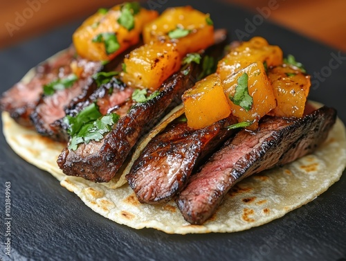 Top view gourmet wagyu beef tacos with pineapple salsa in elegant setting