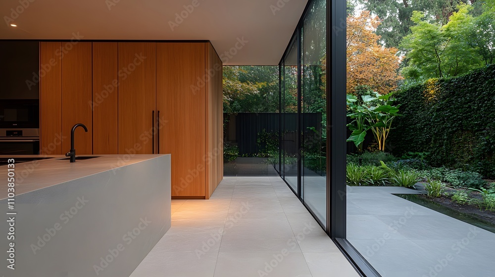 Obraz premium Functional kitchen design focusing on minimalist elements, warm hues, and clean cabinetry with modern kitchenware to enhance a cozy and organized feel