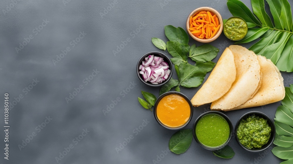 A vibrant display of sauces and toppings beside crispy snacks, surrounded by fresh leaves, evoking a delicious culinary experience. A vibrant display of sauces and toppings beside crispy snacks, surrounded by fresh leaves, evoking a delicious culinary experience.