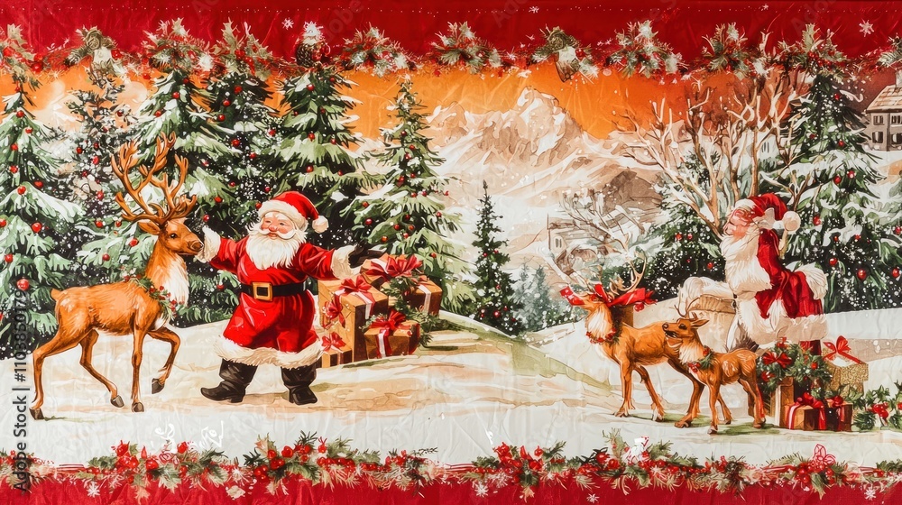Fototapeta premium A traditional red Christmas banner adorned with images of Santa Claus and reindeer, creating a festive atmosphere for gatherings.