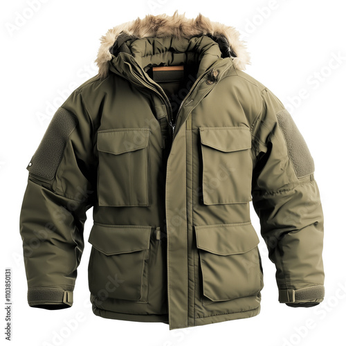 Men's green winter hiking coat with fur trim for cold weather adventures, isolated on white. A stylish green winter coat designed for hiking and cold outdoor activities, PNG file.