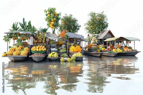 Floating fruit markets, vibrant colors, calm water. photo