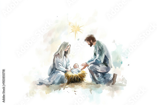 Mary holding baby Jesus in a humble manger, with Joseph kneeling beside them in reverence. The Christmas Nativity scene is painted in soft watercolor hues, with a gentle light shining from the star photo