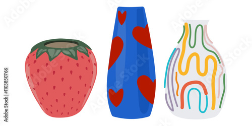 Cute bright ceramic flower vases of various shapes and sizes. Home decor for cozy interior. Vintage home comfort items. Cute vector illustration in flat style on white isolated background