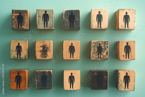 A diverse worforce illustration on wooden cubes eith urban theme style photo