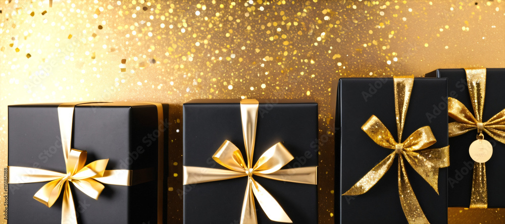 Vertically shot luxury holiday scene featuring black gift boxes, gold accents, and sparkling confetti on a golden background with space for text. Vertically shot luxury holiday scene featuring black gift boxes, gold accents, and sparkling confetti on a golden background with space for text.