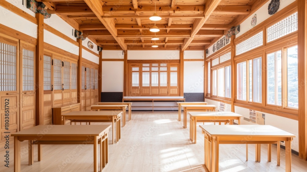 A large room with wooden tables and chairs A large room with wooden tables and chairs