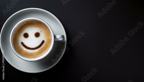 Coffee invitation happy smiley face emoji drink latte art coffee invite smile smiling emoticon positive mood flat lay off-center left aligned copy space for text black background