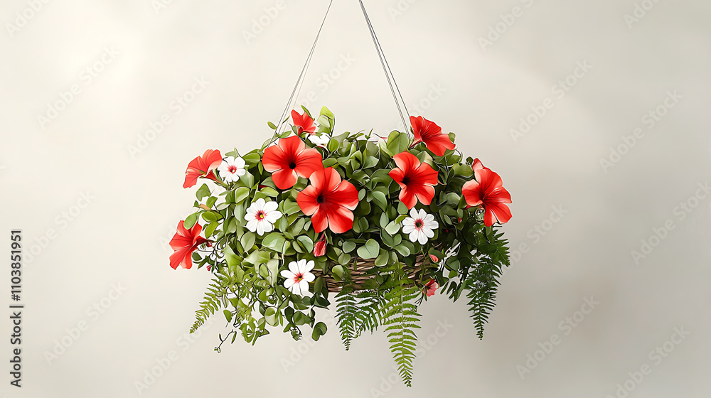 Naklejka premium vibrant hanging flower basket featuring red hibiscus and white daisies, surrounded by lush green foliage, perfect for adding touch of nature to any space