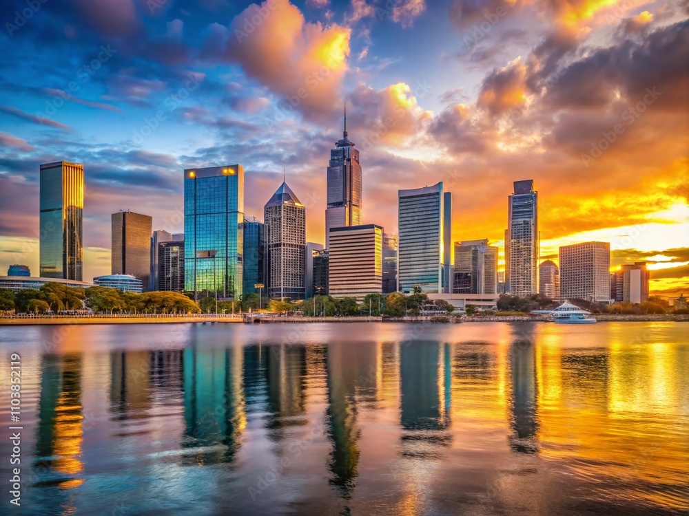 Fototapeta premium Stunning Perth Downtown Skyline at Sunset: A Captivating Cityscape Image of Australia's Vibrant Urban Life and Majestic Skyscrapers Bathed in Golden Light