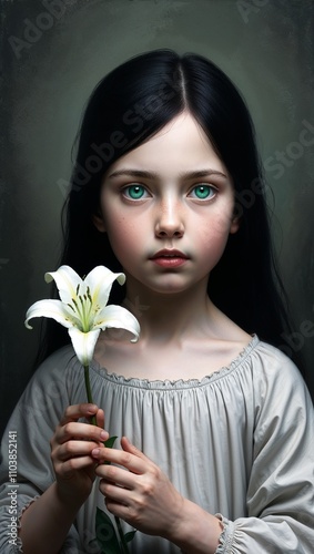 A mysterious portrait of a young girl holding a single white lily her piercing emerald eyes contrasting sharply with her jetblack hair and pale complexion photo